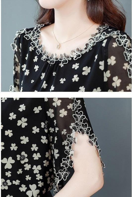 (Compre 1 Leve 5) Blusinhas Florais com Bordados em 100% Chifon - Ideal para o verão