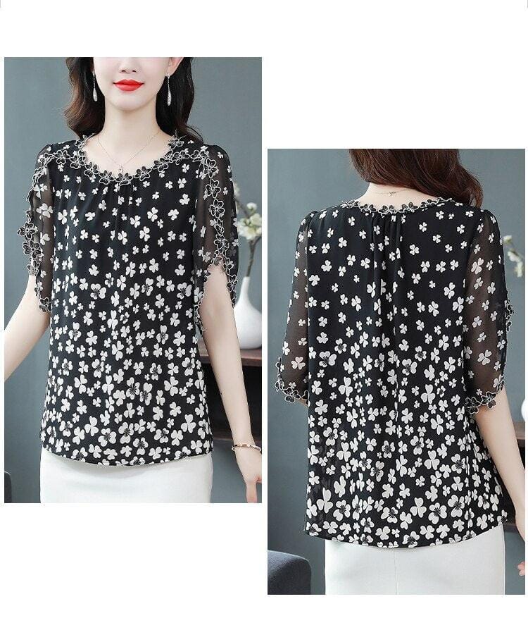 (Compre 1 Leve 5) Blusinhas Florais com Bordados em 100% Chifon - Ideal para o verão